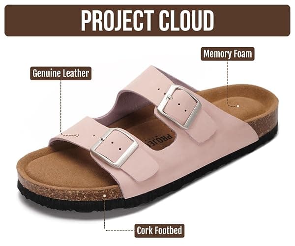 Project Cloud 100% Genuine Leather Flat Sandals For Women 2026 Cork Footbed Womens Sandals with Memory Foam and arch support Vacation Essentials Slides for Women Footwear (Venita) thumbnail 2