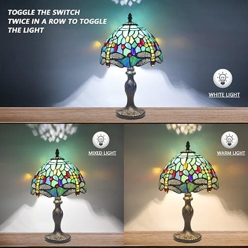 MIAOKE Stained Glass Table Lamp,Stained Glass Crystal Bead Style Table Light, Handmade Desk Bedside Night Light, Antique Art Craft Gifts Lover Living Room Bedroom Bookcase (Green Dragonfly) thumbnail 4