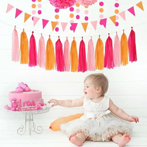 Hot-Pink Burnt-Orange Fall Party Decorations - 23pcs Birthday Baby Shower Tissue Pom Poms Streamers,Sunset Autumn Thanksgiving Tassel Garland Banner,Bridal Wedding Graduation Decor Backdrop Ouruola thumbnail 7