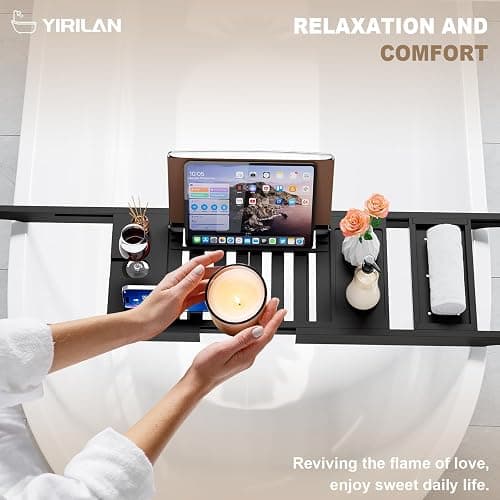 Yirilan Foldable Bathtub Caddy, Expandable Bath Tray, Unique House Warming Gifts, New Home, Anniversary and Wedding Gifts for Couple, Black-New thumbnail 5