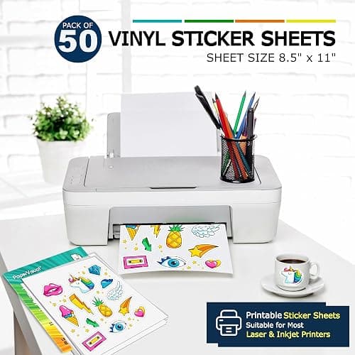 Premium Printable Vinyl Sticker Paper for Inkjet and Laser Printer - 50 White Matte Sticker Paper Waterproof - Excellent Adhesion Paper 8.5 x 11, Fast Dry, Holds Ink Well, Great for Cutting Machines thumbnail 5
