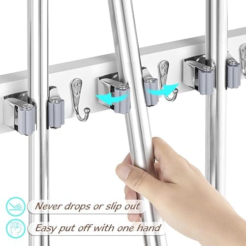 OUTNILI Mop and Broom Holder Wall Mount - White Broom Mop Hanger - Wall Mounted Garden Tool Rack Organizer for Closet Garage Laundry Room Kitchen Decor With 5 Slots & 4 Hooks thumbnail 4