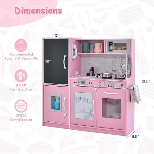HONEY JOY Pink Kids Kitchen Playset, Wooden Little Chef Pretend Toy Kitchen Set w/Chalkboard, Telephone, Utensils, Oven, Microwave, Sink, Play Kitchen for Toddlers, Gift for Boys Girls, Pink thumbnail 3
