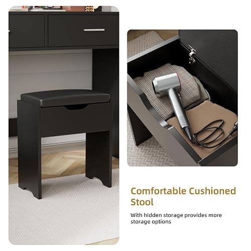 YESHOMY Vanity Desk with Mirror, Power Outlet and 11 Lights, Makeup Table with 2 Drawers, 3 Color Modes Available for Bedroom, Black thumbnail 6