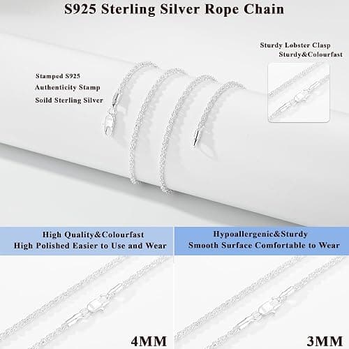 Weddinen 3mm/4mm S925 Sterling Silver Rope Chain Necklace for Men Women, Sturdy Non-Fading Sterling Silver Gold Chain for Men Christmas Jewellery Gifts 16/18/20/22/24 Inch thumbnail 3