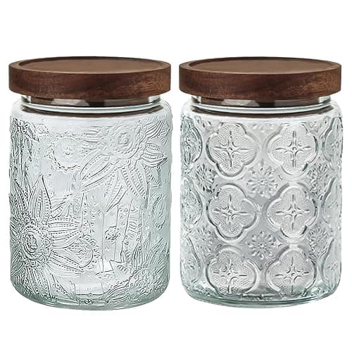 24 OZ Airtight Glass Storage Jar with Bamboo Lid - Vintage Glass Jar Vintage Food Containers Canisters Set for Kitchen Counter & Pantry - Ideal for Sugar, Flour, Coffee, Tea, Candy, Oats -2 Pack - Image 1