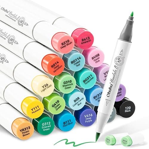 Ohuhu Alcohol Markers Brush Tip, AP Certificated 24 Basic Colors Double Tipped Alcohol Based Art Marker Set for Artist Sketching Adult Coloring Illustration - Brush and Fine Dual Tips - Honolulu B - Image 1