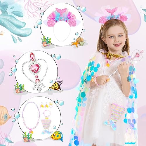 LIMIROLER Princess Dress Up Toys Princess Dress Up Clothes Rainbow Mermaid Cape Kit 9 Pcs Gift Set for Little Girls 3-8 Years thumbnail 4
