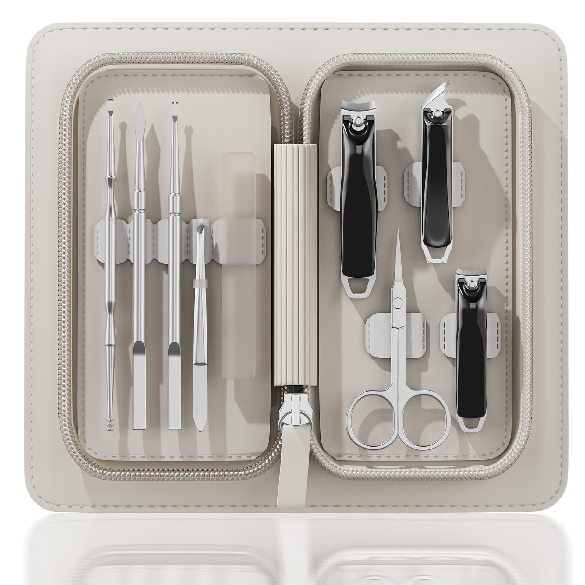Nail Clipper Set, Tweezers, Scissors, Manicure, Care Set 9-in-1 with Leather Pouch with Zip - Image 1