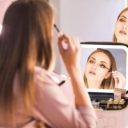 Makeup Travel Train Case with Mirror LED Light 3 Adjustable Brightness Cosmetic Bag Portable Storage Adjustable Partition Waterproof Makeup Brushes Makeup Jewelry Gift for Women (Pink checkered) thumbnail 2