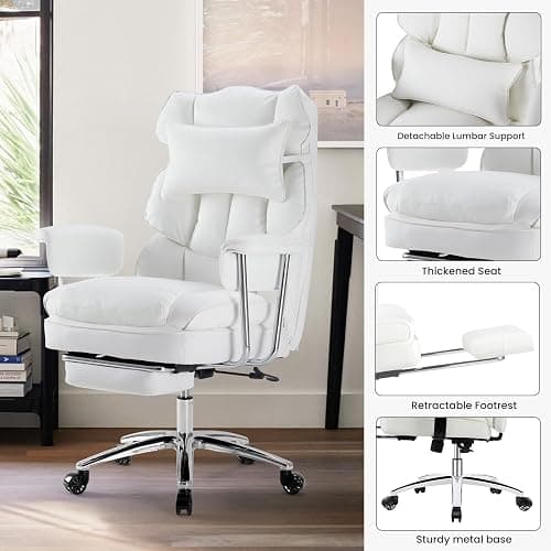 OLIXIS Home Office Desk Chair Comfy with Foot Rest, PU Leather Ergonomic Big and Tall High Back Support, 360° Swivel Wheels, Armrests and Detachable Pillow, Height Adjustable, White thumbnail 8