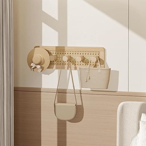 Homode Wooden Wall Hooks, Wall Mounted Coat Rack for Entryway, Boho Wood Pegs for Hanging Coats and Hats, Decorative Coat Hanger Purse Holder for Towel Key Jacket Bag Leash Cap thumbnail 7