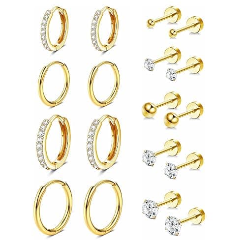 Jstyle 14K Gold Plated Hoop and Stud Earrings Set for Multiple Piercings | Small Huggie Hoops and Flat Back Studs, 20G Surgical Steel for Sensitive Ears, Mix-and-Match Lobe and Cartilage Set - Image 1