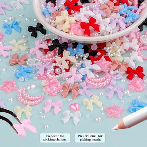 600 Pcs 3D Nail Bow Charms and Flatback Pearls Nail Charms Set 1 | 8 Colors Nail Bows Pink White Star Heart Moon Cute Nail Gems and Charms, 2-4mm White Pearls for Nails Art Designs thumbnail 3