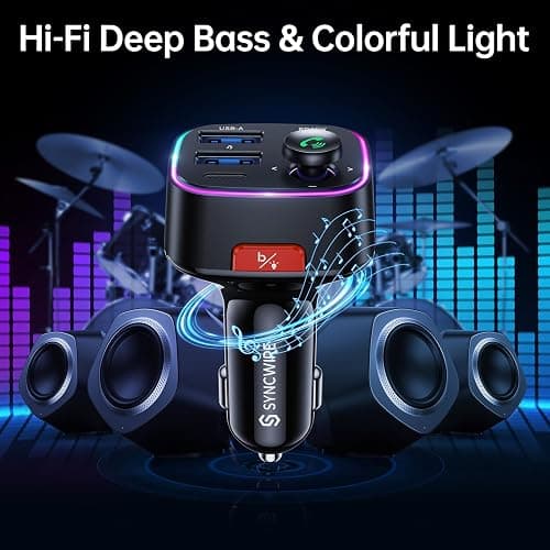 Syncwire Bluetooth 5.4 FM Transmitter Car Adapter 48W (PD 36W & 12W) [Light Switch] [HiFi Bass Sound] [Fast Charging] Wireless Radio Music Adapter LED Display Hands-Free Calling Support USB Drive thumbnail 4