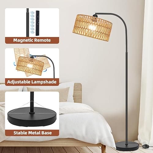 Brilvibera Rattan Floor Lamps for Living Room, Boho Standing Lamps with Rattan& Linen Double Shades, Arc Lamps Floor Standing with 9W Bulb, Foot Switch, Bohemian Floor Lamps for Bedroom, Office thumbnail 5