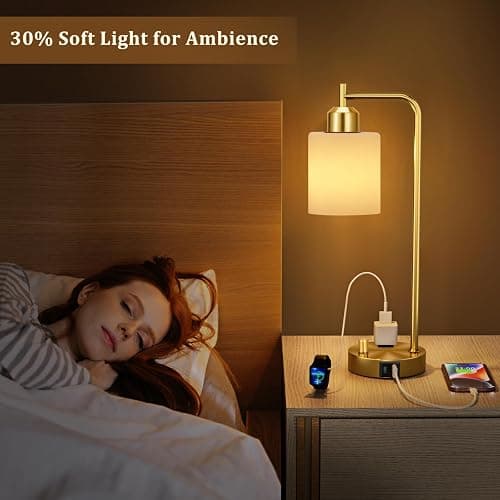 Innqoo Gold Lamp for Bedroom - Industrial Bedside Table Lamp with USB Port and Outlet, Fully Dimmable Nightstand Lamp with Opal Glass Shade, Small Desk Lamps for Home Office thumbnail 6