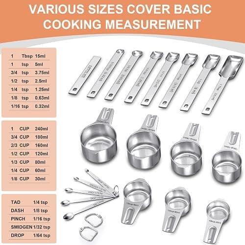 Measuring Cups and Spoons Set of 20, 7 Stainless Steel Nesting Measuring Cups & 7 Spoons, 1 + Leveler & 5 Mini Measuring Spoons for Cooking & Baking thumbnail 3