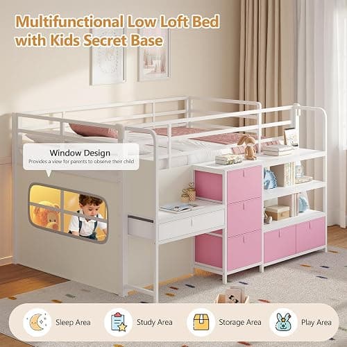 DICTAC Low Loft Bed with Desk and 6 Storage Drawers Twin Loft Bed with Bookshelf,LED Lights & Under-Bed Play Space,Kids Twin Beds with 13.8''H Safety Guardrail,Inclined Ladder&Play Curtain,Pink+White thumbnail 8