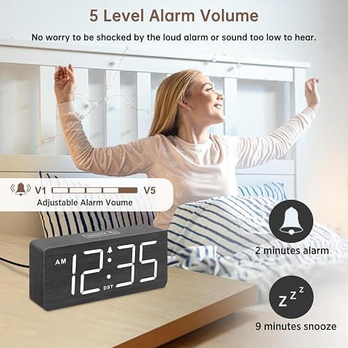 DreamSky Wooden Digital Alarm Clock for Bedroom - Loud Alarm Clock for Heavy Sleepers with Volume Control, Desk Clocks for Living Room with Large Numbers, Dimmer, DST, Wood Decor (Plug in Clock) thumbnail 4