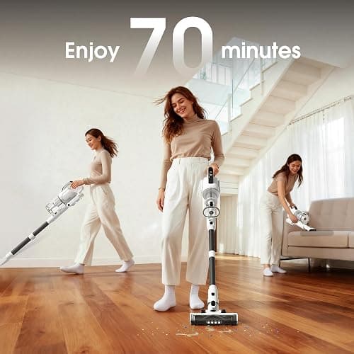Cordless Vacuum Cleaner, 600W 50KPA 70Mins Runtime Fast Charging Vacuum Cleaner, Self-Standing LED Light Touch Screen Stick Vacuum for Home Light Weight,for Pet Hair/Carpet/Floor, White thumbnail 8
