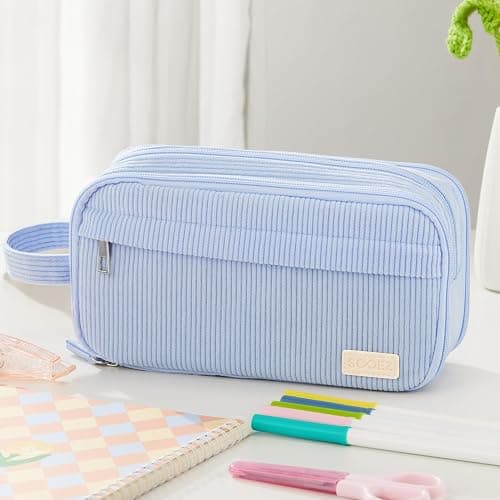 Sooez High Capacity Pencil Case, Soft Corduroy Pencil Pouch with 4 Compartments, Multiple Pockets, Large Pencil Bag with Sturdy Zipper, Cute Pencil Case Pouch Organizer for Student Teen Girls, Blue thumbnail 2