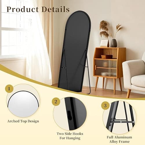 NBGV 59"x16" Floor Mirror Full Length, Arched Full Length Mirror with Stand, Full Body Mirrors for Bedroom Living Room or Cloakroom Black thumbnail 4
