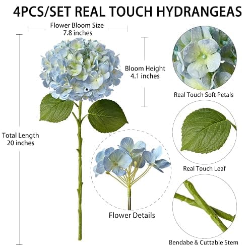 SUMTIPHUN 4 Pcs 20'' Real Touch Hydrangeas 2 White 2 Light Blue Artificial Hydrangeas Flowers Faux Latex Hydrangea for Kitchen Living Room Porch Home Decor Baby Shower Party Wedding Table Centerpiece thumbnail 9