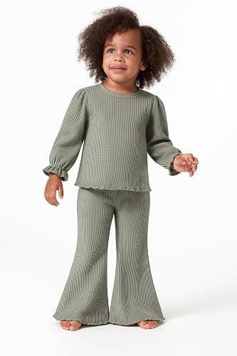 Koecnoc Toddler Girl Fall Outfits 2-piece Baby Lantern Sleeve Shirt and Flared Pant Clothes Set Waffle Clothing for Girls thumbnail 2
