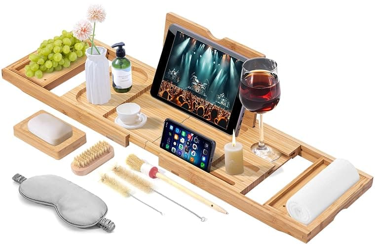 AUTODECO Bathtub Caddy Tray, Bamboo Bathtub Tray, Expandable Bath Tray with Bamboo Book Stand, Soap Tray, Perfect for Home Spa, Natural Colour - Natural thumbnail 2