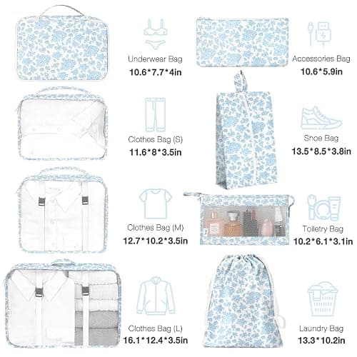 8 Set Packing Cubes for Suitcases,Packing Cube with Shoe, Cosmetics, Clothing, and Accessories Bags Packing Cubes for Travel Luggage Organizer Women Men(Blue Flowers) thumbnail 3