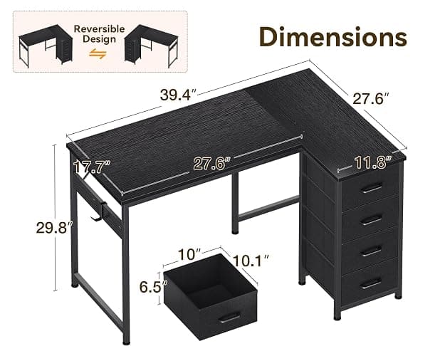 Casaottima L Shaped Desk with 4 Drawers, 40" Small Corner Computer Desk with Storage, Reversible Kids Study Table with Hook, Work Table for Home Office, Black thumbnail 3