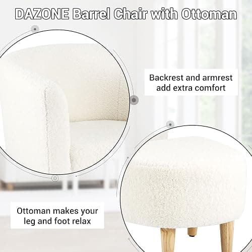 DAZONE Sherpa Accent Chair with Ottoman, White Fluffy Teddy Barrel Armchair for Cozy Living Room, Small Comfy Chairs for Bedroom, Reading Corner thumbnail 9