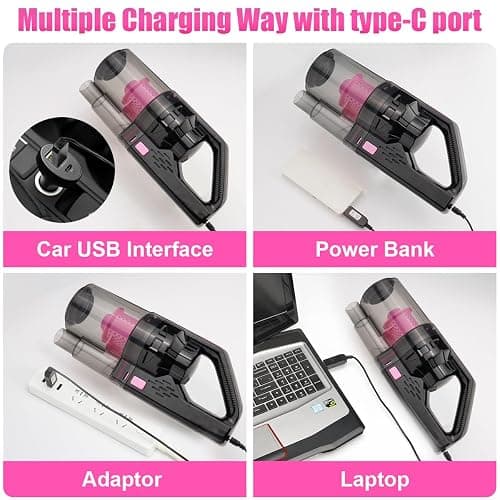 Viewsun Car Vacuum Cordless Rechargeable, 8000PA High Power Handheld Vacuum Cleaner with 17PCS Car Cleaning Kit, Pink Auto Accessories for Women Gift thumbnail 4