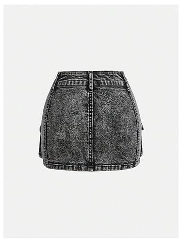 SHENHE Girl's Denim Cargo Skirt High Waisted Zip Fly Bodycon Mini Jean Skirt with Pockets - 10 Years - Black thumbnail 2