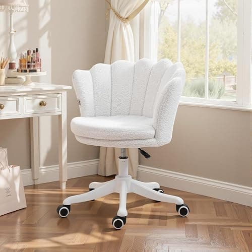 HOMCOM Mid Back Berber Fleece Office Chair, Adjustable Height Study Chair, Vanity Chair with Swivel Wheels for Living Room, Study, White thumbnail 9