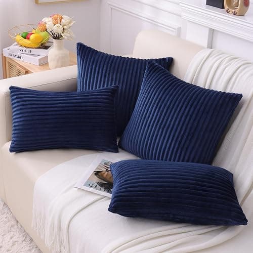 Simmore Decorative Spring Throw Pillow Covers 18x18 Set of 2, Soft Natural Plush Flannel Double-Sided Fluffy Couch Pillow Covers for Sofa Living Room, Navy Blue thumbnail 2