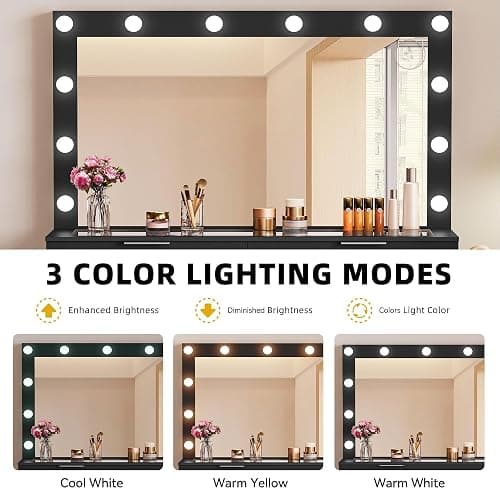 DWVO 46'' Glass Top Vanity Desk with 10 Drawers, Makeup Vanity Set with with Large Mirror and 12 LED Lights, Dressing Table with Charging Station & Storage Chair, 3-Color Light Modes, Black thumbnail 6