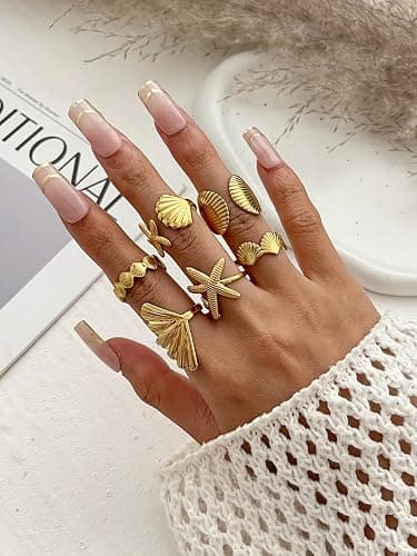 Inactwin 6PCS Chunky Gold Starfish Shell Rings for Women Trendy Dainty Summer Beach Stackable Stainless Steel Ring Surfer Fashion Statement Beachy Boho Jewelry Gifts thumbnail 2