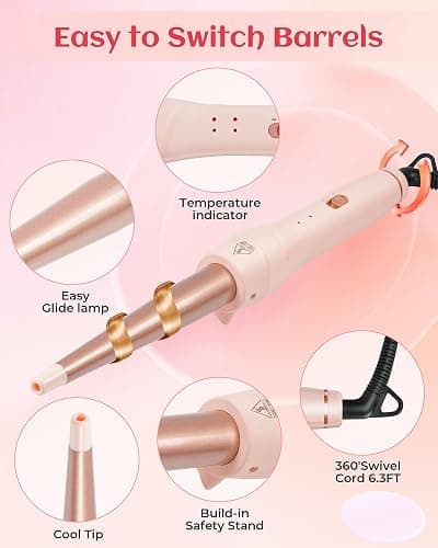 ANIEKIN 5 in 1 Curling Iron Set, Fast Heat Up Curling Wand from 3/8 to 1 1/4 Inch and a Thermal Brush Come with, Dual Voltage Hair Curler for Women All Hair Types and Travel Use, Gifts for Women,Pink thumbnail 6