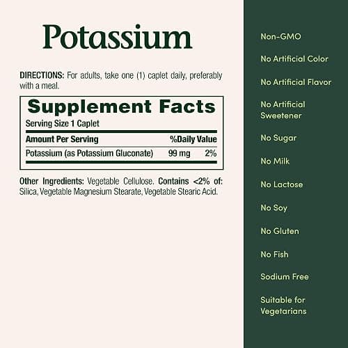 Nature's Bounty Potassium 99mg, Supports Fluid Balance and Muscle Activity, Involved in Normal Heart Function, Potassium Gluconate Dietary Supplement, Gluten Free, 1 Per Day, 100 Vegetarian Caplets thumbnail 5