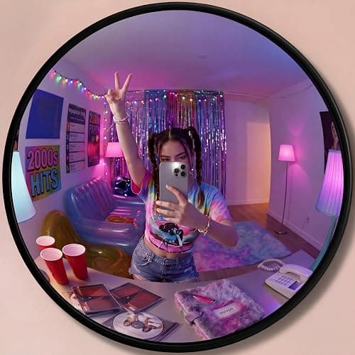 RattanView Retro Y2k Party Decor 12'' Round Acrylic Convex Mirror,Black | Fisheye Wide-angle Photo Prop, Y2K Themed Backdrop, Shatterproof Acrylic, Bedroom Classroom Decor, Retro Aesthetic Selfies - Image 1