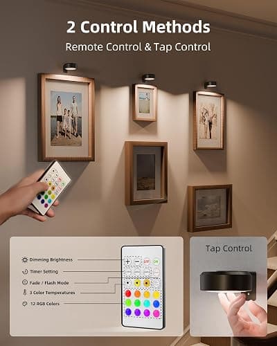 EZVALO Picture Lights for Wall, 2000mAh Rechargeable Battery Magnetic Poster Lights with 3 Color Temps & 12 RGB, Remote Dimmable Timer Painting Light, Wall Decor Light for Art Display, Frame (3 Pack) thumbnail 5