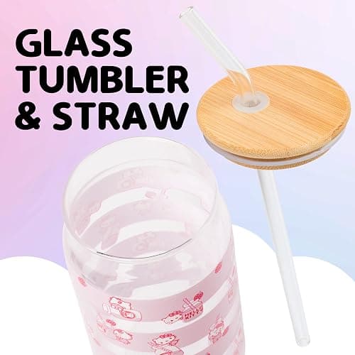 Silver Buffalo Sanrio Hello Kitty Strawberry Milk Pink Glass Jar Tumbler with Bamboo Lid and Glass Straw, 16 Ounces thumbnail 4