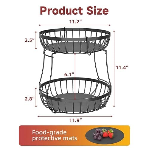 Sevenblue 2 Tier Fruit Bowl for Kitchen Counter, Black, Extra Large | Sturdy Metal Basket for Fruit, Bread & Onions, Modern Wire Fits Various Styles, Includes Food-Safe Mats to Keep Produce Fresh thumbnail 2