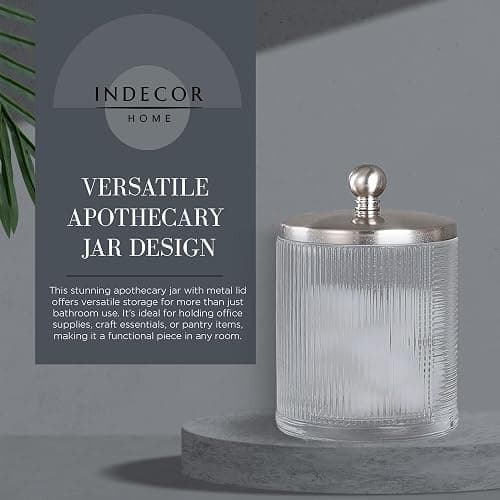 Indecor Home Glass Jar with Metal Lid for Bathroom Organization, Clear Apothecary Jar for Cotton Balls, Q-Tips, and Small Accessories, Stylish Bathroom Storage Container - Nickel/Clear - Nickel/Clear thumbnail 5
