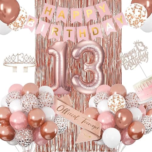 13th Birthday Decorations for Girls, Rose Gold 13th Birthday Banner, Balloon, Cake Topper, Sash and Crown, Happy 13th Birthday Party Decorations for Girls - Image 1