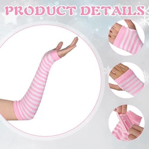 Syhood 2 Pairs Halloween Christmas Punk Gothic Rock Long Arm Warmers Knit Fingerless Gloves Thumb Hole Stretchy Women Stripe thumbnail 5