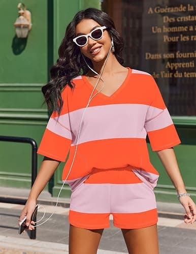 Ekouaer Two Piece Sets for Women Summer Lounge Sets 2026 Striped Shirts and Shorts Set Oversized Matching Outfit thumbnail 3