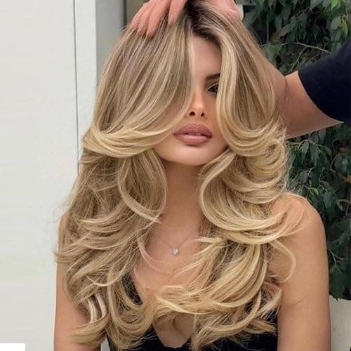 Jolelyne Long Golden Blonde Wavy Layered Wig with Curtain Bangs for White Women Synthetic Platinum Blonde Highlight Wig Light Brown Body Wave with Bangs Middle Part for Daily Party Use - Image 1